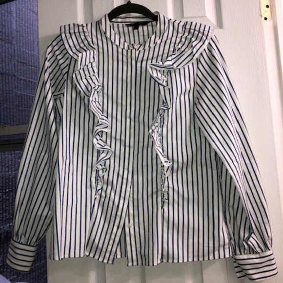 Banana Republic Navy/White Striped Ruffle Shirt - Picture 2 of 7